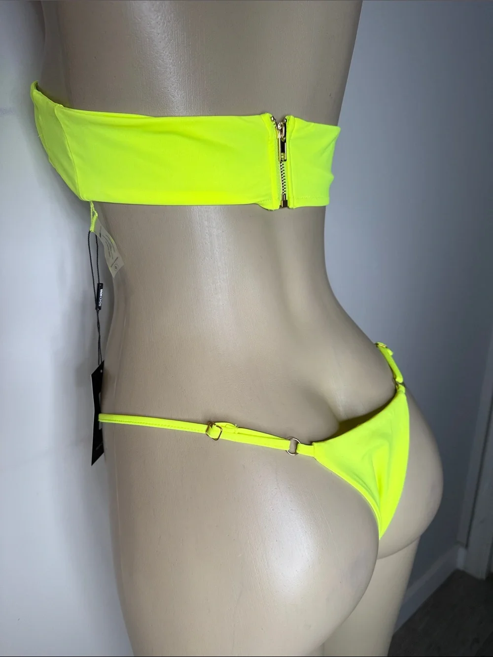 Fashion Nova Neon Yellow Ring Cutout Bandeau Bikini